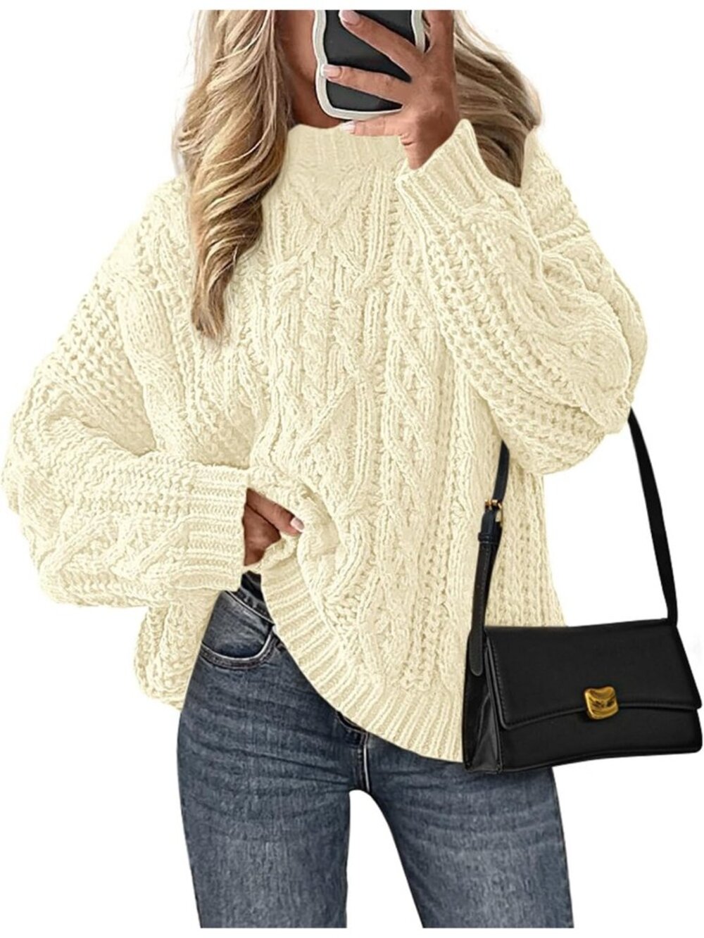Women's Beige Cozy Long Sleeve Loose Fitting Classic Crew Neck Fall Sweaters
